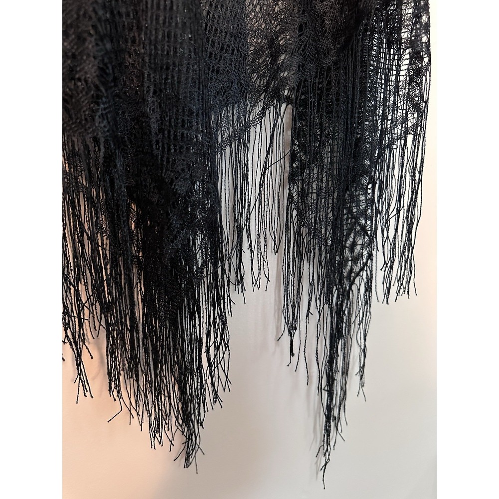 Black Lace Fringe Kimono Cover Up ONE SIZE Boho Sheer Floral Poncho Shawl Top - Picture 14 of 16
